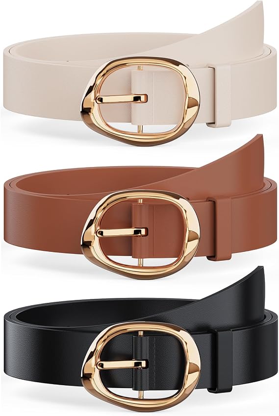 Amyzavls 3 Pack Women's Belts for Jeans, Dresses, Pants, Leather Belt for Women with Fluid Liquid Shaped Gold Buckle, Black & Brown & Beige Trendy Fashion Belts for Ladies 43 inch