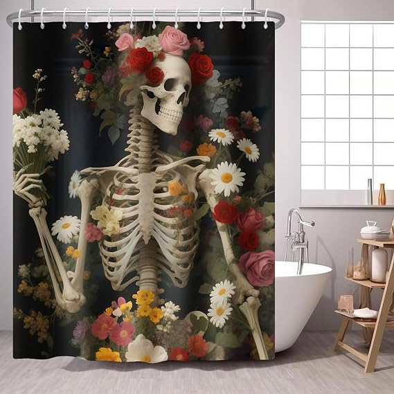 Skull Flower Shower Curtain Gothic Halloween Rose Daisy