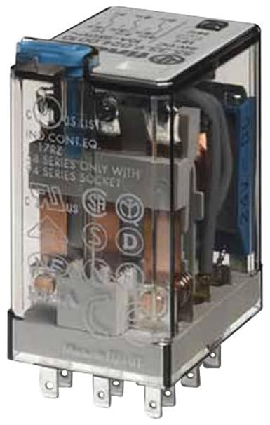 FINDER 55.33.9.024.0090 10 AMP, 24 Volts, 3 Pole, DC, General Purpose Relay, Lockable Test Button + LED + DIODE (DC, Plug-in, Polarity Positive to PIN A1/13), Standard Agni Contact Material