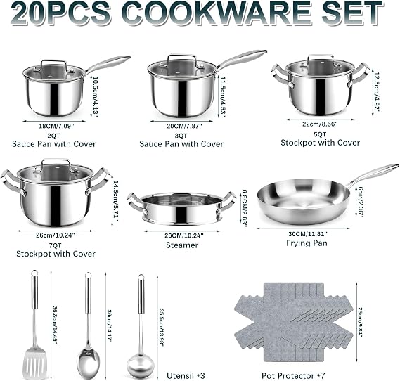 Stainless Steel Cookware Set - 20 PCS Pots and Pans Set with 3-Ply Stainless Steel Frying Pan, Professional Kitchen Cooking Set, Induction Compatible, Oven & Dishwasher Safe