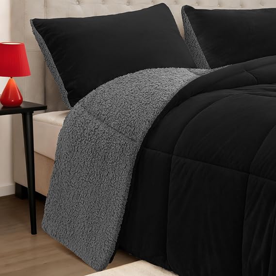 Fluffy Sherpa Queen Comforter Set, Thick Bedding Set 3 Pieces, Black