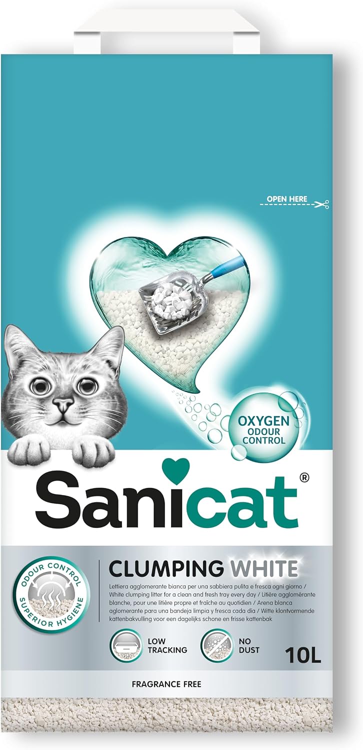 Sanicat - White - Fragrance Free ultra clumping cat litter | Made of natural minerals with  odour control | Absorbs moisture and makes cleaning easier | 10 L capacity