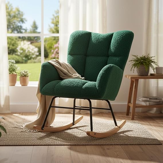 Nursery Rocking Chair, Teddy Fabric Upholstered Glider Rocker with High Backrest, Modern Rocking Accent Chairs Comfy Side Chair for Nursery, Bedroom, Living Room (Green)