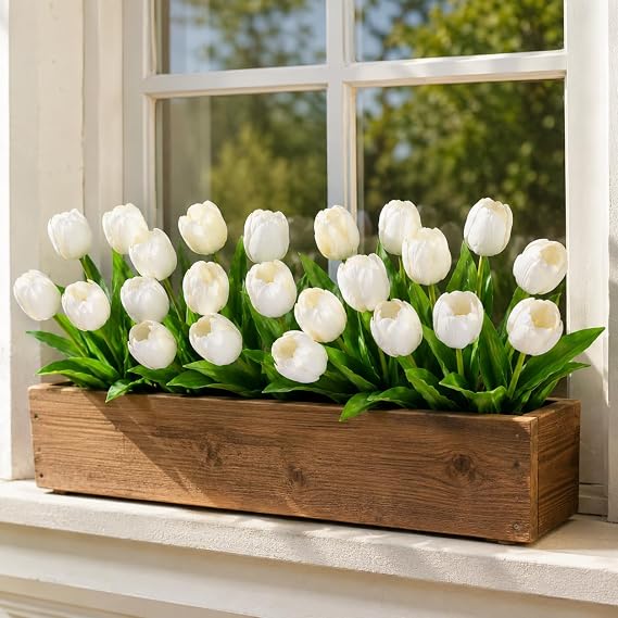 Outdoor Artificial Flowers Tulips 21Pcs Fake Tulip Real Touch Faux Flower for Wedding Bridal Bouquet Arrangements Home Party Hotel Floral DIY Decoration White 0112
