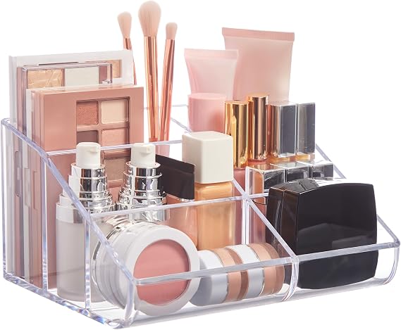 STORi Clear Plastic Vanity Makeup Organizer | 6-Compartment Holder for Brushes, Eyeshadow Palettes, Beauty Supplies | Curved Front Design | Made in USA