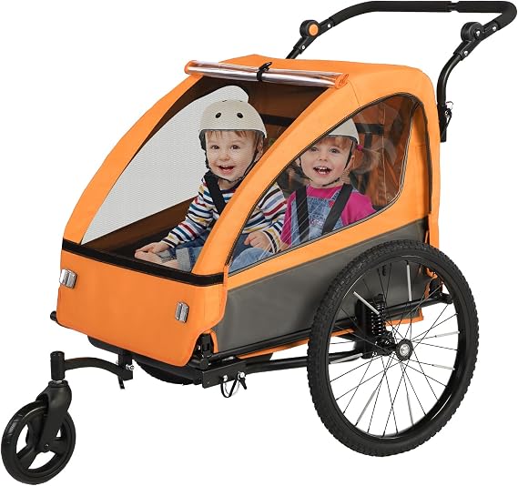 Sepnine 2-in-1 Kids Bike Trailer and Stroller with Suspension Bike Trailer for 1 to 2 Children, Jogging Function, Foldable, 5-Point Harness, Spacious Storage, with Bug Screen and Weather Shield