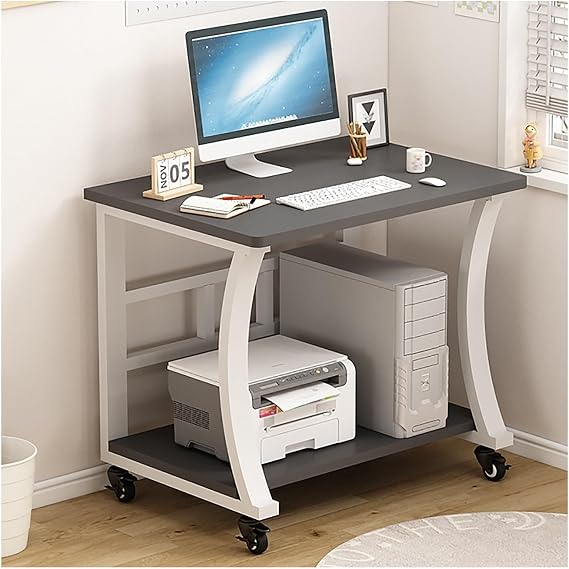 Standing Desk with Wheels, Computer Desk, Mobile Sofa Table with Printer Shelf, Modern Simple Style Laptop Desk, Office Desk for Corner, Home Office, Study(Gray+White,60cm/23.62in)