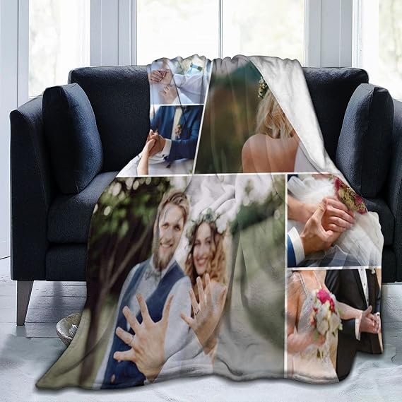 DUNHUANG Custom Blanket with Photos Text Personalized Collage Picture Blanket Customized Throw Blanket Fits Bedroom Living Room for Valentines,Father,Mother,New Year,Birthday, 6 Photo, 91"x71"