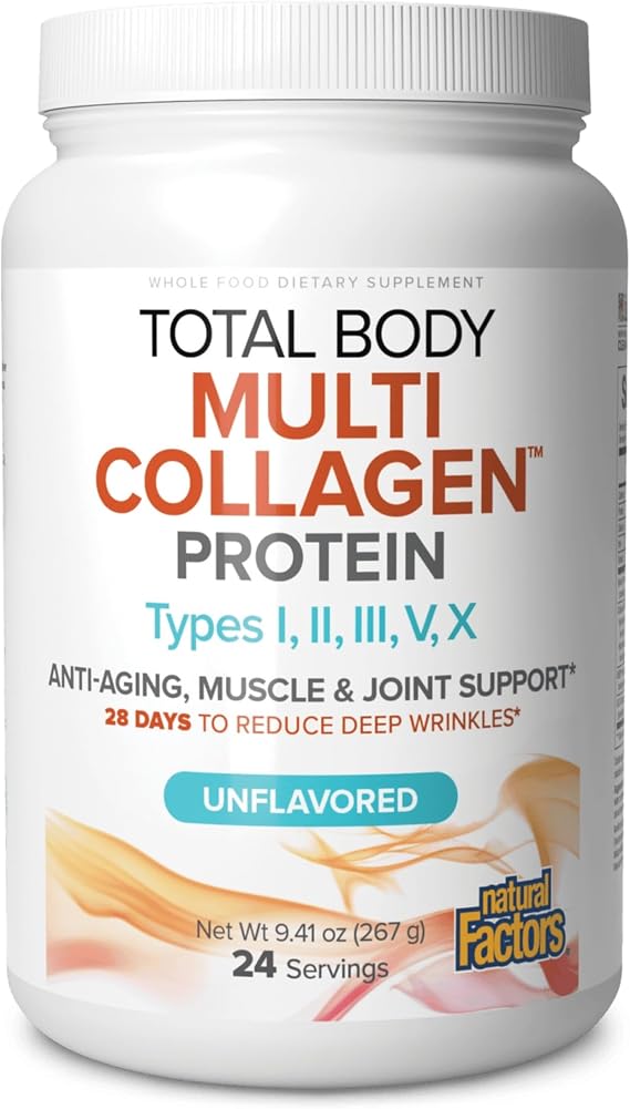 Natural Factors Total Body Multi Collagen Protein, 5-Collagen Blend with Hyaluronic Acid, Biotin, L-Glutamine and L-Tryptophan, Unflavored, 9.41 Oz