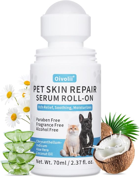 Dog Skin Repair Roll-On Serum Natural Hot Spot & Red Spot Relief with Coconut Oil Soothes Itchy, Dry & Irritated Skin, Supports Fur Regrowth Lick-Safe, No-Rinse Pet Skin Care for Dogs & Cats