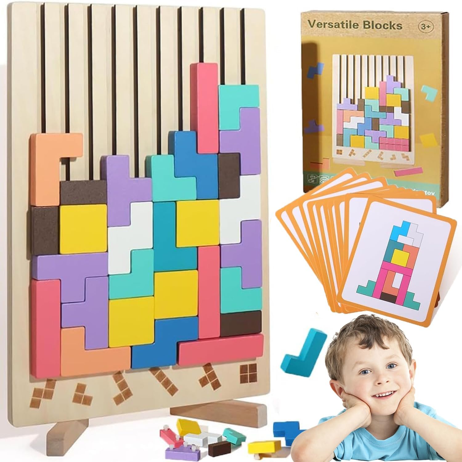 Tetris Holzspiel Holz Tetris Montessori Spielzeug 3 4 5 6 Jahre 3D Puzzle Intelligenz Jigsaw Gehirn Spielzeug Geometrische Blöcke Tetris Geschenk für Kinder (A)