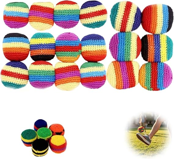 Hand-Made Knitted Footbag Sack,Metal Filled, Crochet Kick Bags for Outdoor Party Game with Multicolored Geometric Pattern