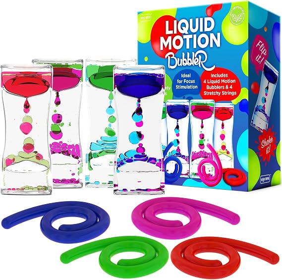 Liquid Motion Bubbler Sensory Toys 8 Pc Set Bundle Stretchy String Fidget Toys Timer for Stress Relief and Anxiety Relief Great for ADHD Autism ADD