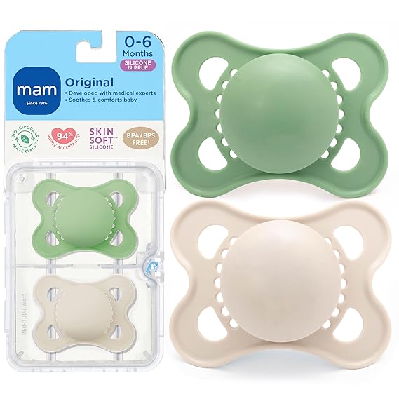 MAM Original Baby Pacifier 0-6 Mths, Skin Soft Silicone Nipple, 2 Pack