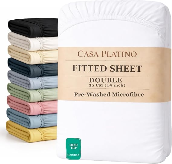 Fitted Sheet Double, 135x190 Pre-Washed, Deep Pocket 35cm - White