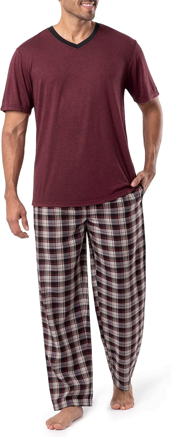 Joseph Abboud Men's Knit Short Sleeve V-neck and Woven Pant Pajama Sleep Set