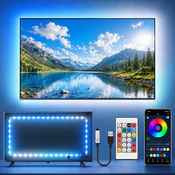 LED TV Lights, 5M USB LED Strip for 45-75 Inch Screens, RGB Colour Changing with Bluetooth & Music Sync, Remote Control Backlight for Home Theater, Gaming Setup and Living Room Decor [Energy Class A]