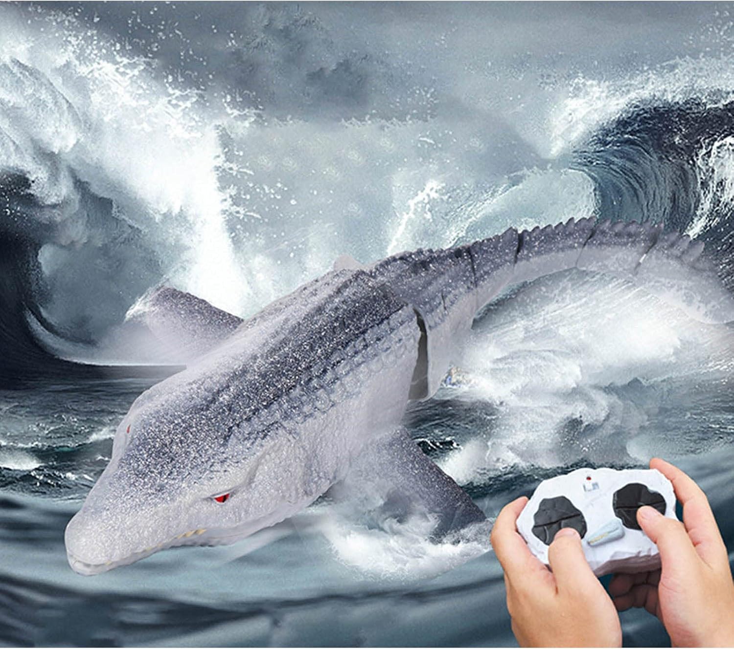 Remote Control Shark Toy RC Boat Toys with LED Light One Click Demonstration Adjustable Speed Water Toys Holiday Birthday Gift for Boys Girls Mosasaurus