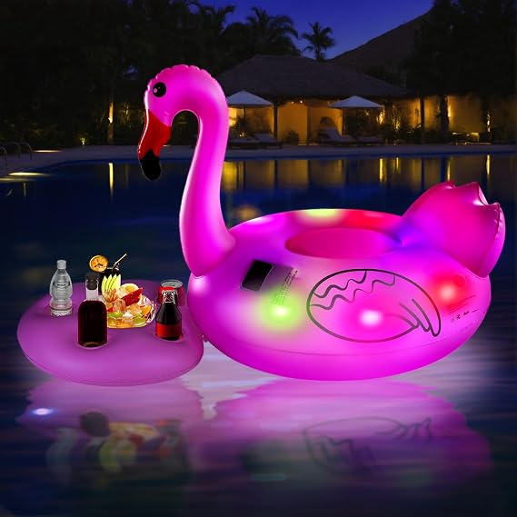 2PCS Floating Pool Lights with 5 Holes Floating Drink Holder, Glow in The Dark Color Changing Solar Powered Inflatable Flamingo Lights with Remote Switch for Pool Wedding Patio Party Outdoor Decor