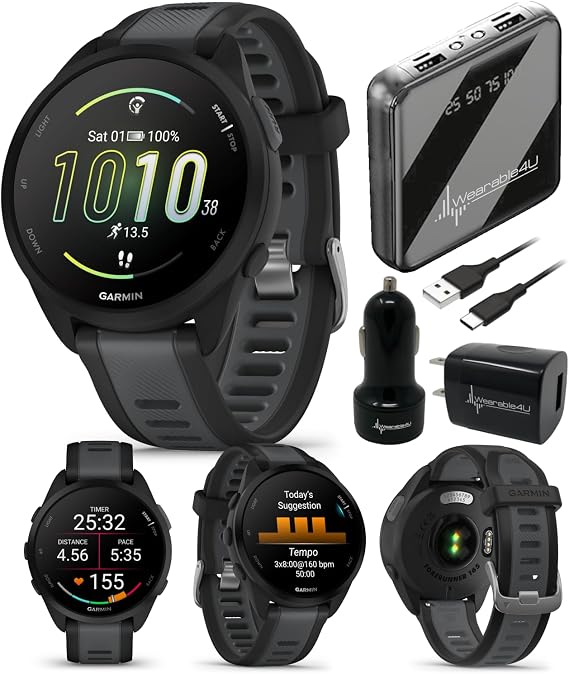 Garmin Forerunner 165 Running Smartwatch, Colorful AMOLED Touchscreen, Training Metrics and Recovery Insights Includes PowerPack, Adapters Bundle, Black/Slate Gray