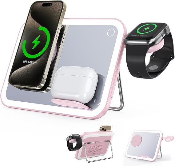 4 in 1 Wireless Charging Station with Night Lamp Vanity Mirror,for MagSafe Magnetic Fast Wireless Charger, Travel Charger Multiple Devices for iPhone 16 15 Pro Max Airpods Apple Watch Ultra (Pink)