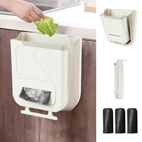 Collapsible Hanging Trash Can, Compost Bin Kitchen with 60pcs of Garbage Bags, 2.64 Gallon Plastic Folding Garbage Bin for Cabinet/RV/Camping/Bedroom