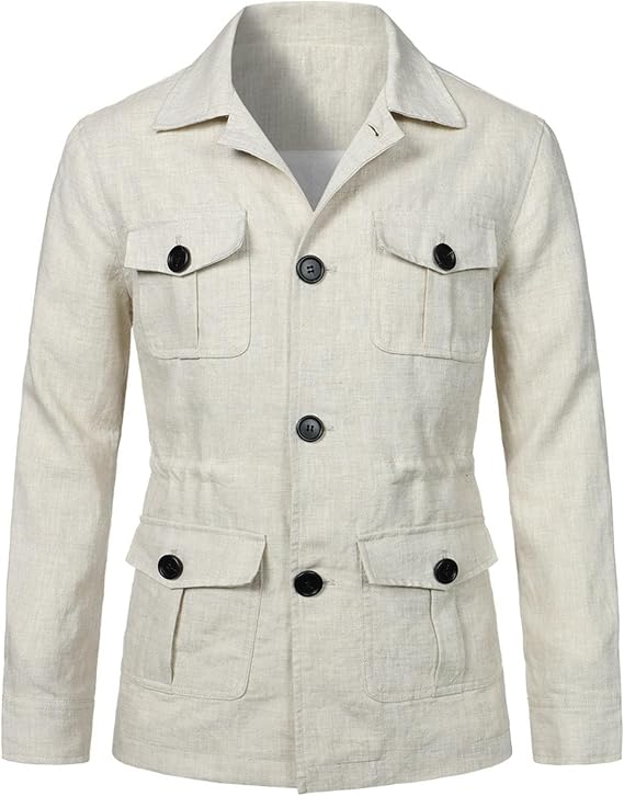 Mens Field Jacket Casual Cotton Linen Lightweight Safari Shirts with Pockets Utility Military Button Down Work Coats