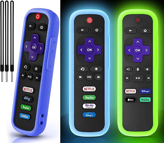 3Pack Case for Roku Remote, Remote Cover for Roku Voice Remote/Hisense/TCL Roku TV Steaming Stick, Silicone Universal Protective Controller Sleeve for Roku TV Remote with Lanyards Glow Green Blue
