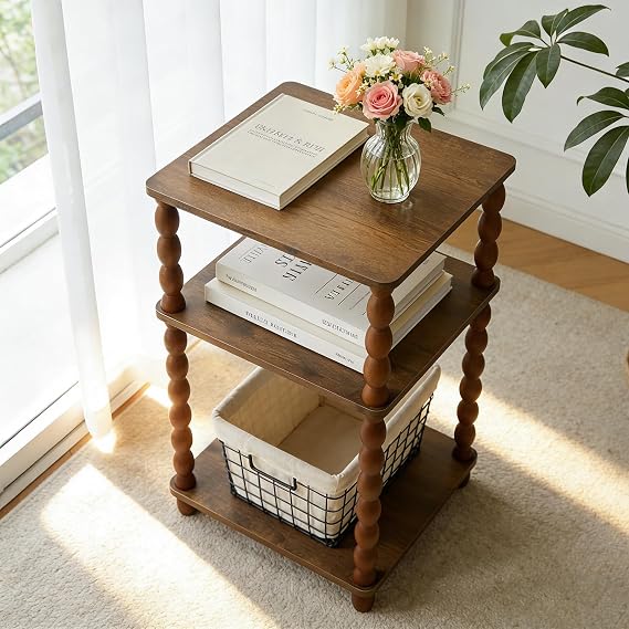 Wooden Side Table, Small End Table with Storage Shelf, Modern Bedside Coffee Table Night Stand for Living Room, Bedroom, Office and Small Spaces oak Black Rustic Brown(Rustic Walnut)