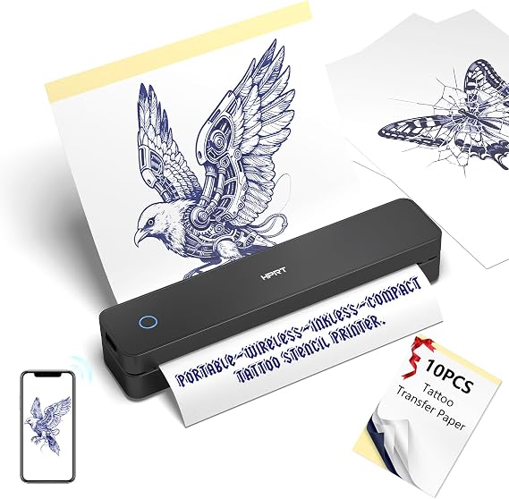 HPRT Portable Printer Wireless Bluetooth Connection MT660 Thermal Inkless Mobile Support 8.5'' X 11'' US Letter and Tattoo Stencil, Compatible with iOS/Android/PC, Includes 10pcs Transfer Paper