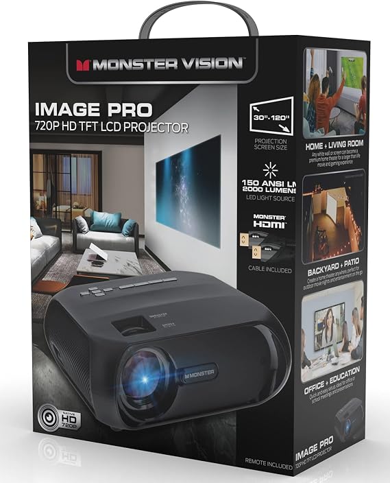 Monster Image Pro Extra-Bright LCD Projector, 2000 Lumens, Projects Up To 16ft, Max Resolution: 1080 HD, Universal Image/Audio/Video Support, AV/USB/HDMI/SD Input
