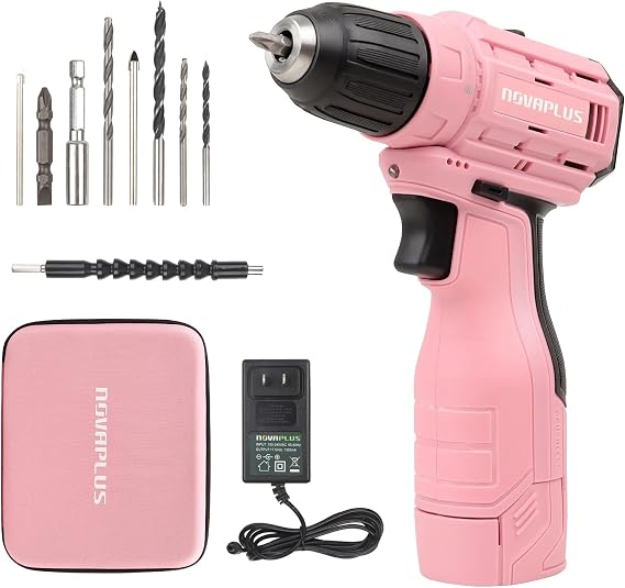 NOVAPLUS Cordless Drill Set, Brushless Power Drill Kit with Fast Charger, 3/8'' Keyless Chuck and Variable Speed, Your Home Repairing Tool-Pink