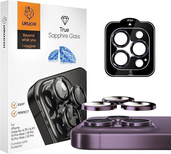 URUCHI iPhone 14 Pro / 14 Pro Max / 15 Pro / 15 Pro Max SAFİR PREMIUM Kamera Lens Koruyucu, [Orijinal Tasarım] Çizilmez 9H Temperli Cam Kamera Ekran Koruyucu, Metal Lens, Mor