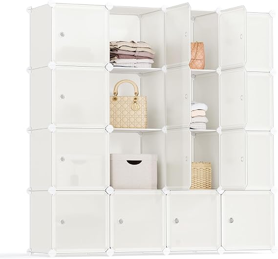 SONGMICS 16-Cube Storage Unit, Shoe Rack, Stackable Cubes, Plastic Closet Cabinet, Wardrobe, with Doors, for Bedroom, Office, Easy to Assemble, Cream White LPC443W01