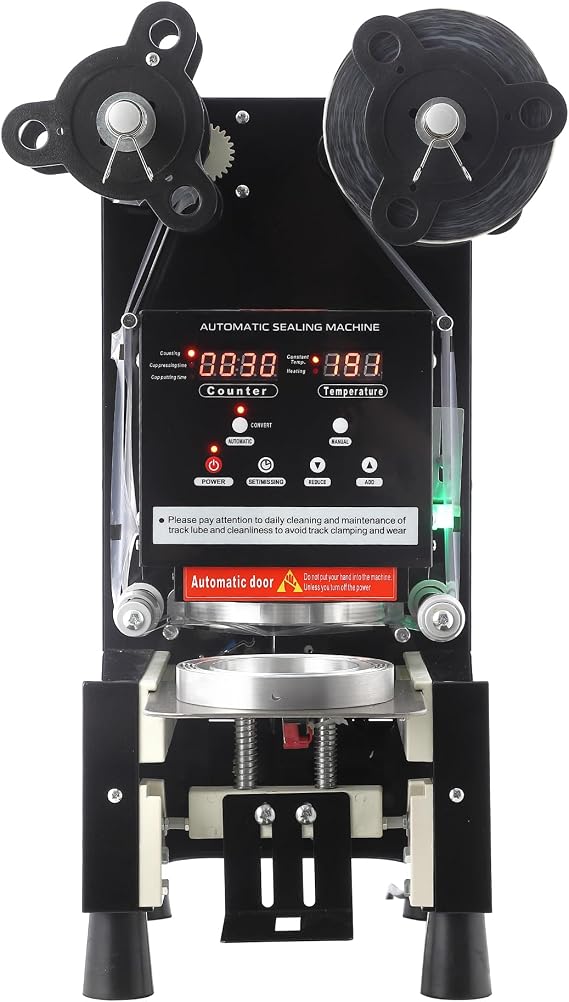 Automatic Cup Sealer - 90/95mm Electric Sealing Machine with LCD Display, 500-650 Cups/Hour for Boba Milk Tea & Coffee Shops, Compact Countertop Design, Black