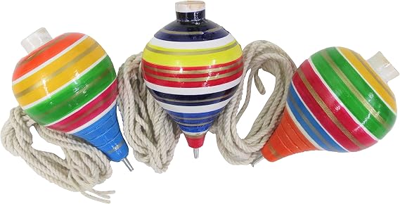 3 Pack Mexican Trompo Spinning Top Traditional Wooden Trompos with Cord and Metal Tips Trompos Grande de Madera Jugetes Mexicanos