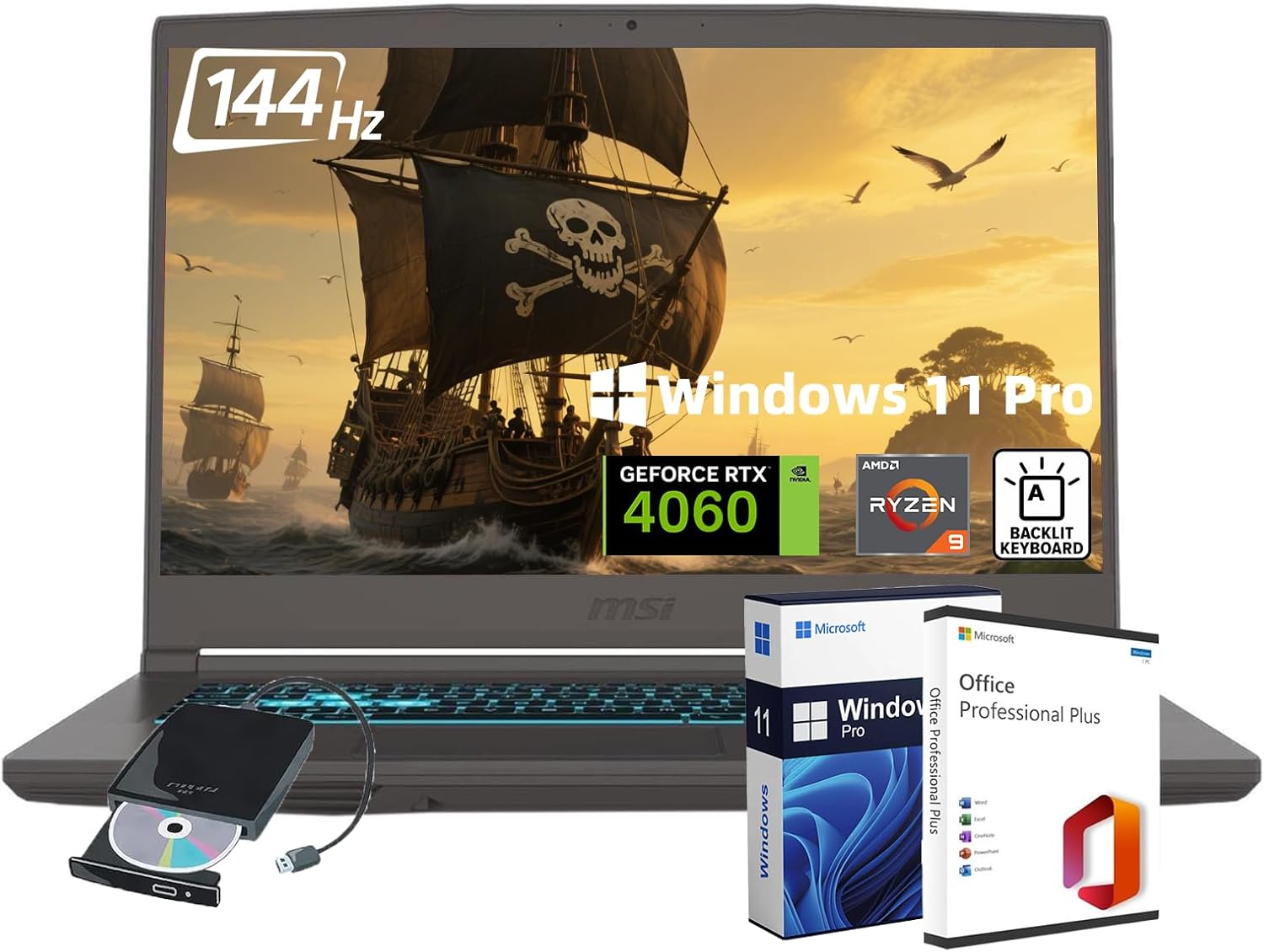 MSI Thin A15 Gaming Laptop • Ryzen 9 8945HS Up to 5.2 GHz • RTX 4060 DDR6 • 15.6 144Hz FHD Display • Office Lifetime • Backlit KB • Wi-Fi 6E • External DVD • Win 11 Pro 64GB DDR5, 2TB SSD