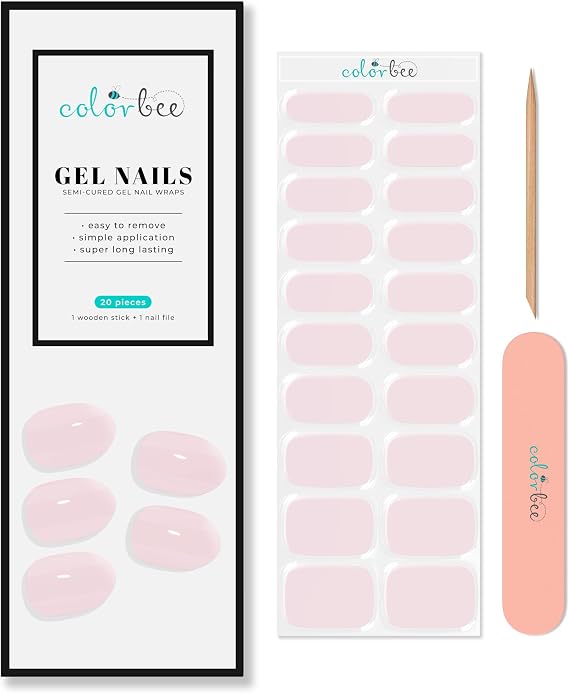 Semi Cured Gel Nail Strips- Nail Polish Strips- Gel Nail Art Polish Stickers- Long Lasting & Easy to Apply- Works with Any UV Nail Lamp (Light Pink)