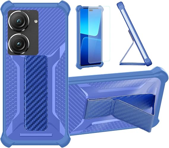 bojioderf Case Compatible for Asus Zenfone 9 Phone Case Cover [with Tempered Glass Screen Protector] Hybrid Case [Folding Support Magnetic] [Frosted Anti-Fingerprint] Blue