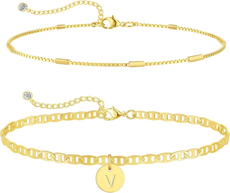 Initial Ankle Bracelets for Women 14K Gold Plated Dainty Layered Round Letter Anklets Beach Jewelry Gift