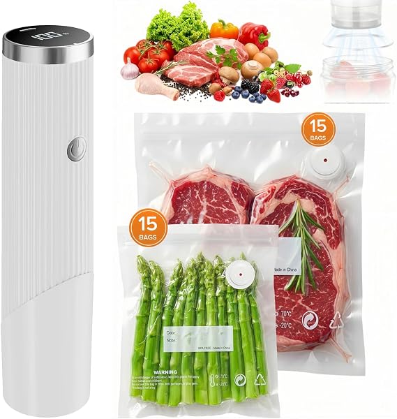 Handheld Vacuum Sealer 60kPa USB Rechargeable LED Display | Wet Dry Cordless Vacuum Sealer, Detachable Tray, 1800mAh, 30 Bags for Meal Prep Sous Vide
