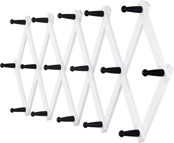 Dseap Accordian Wall Hanger: 16 High Wooden Wall Expandable Coat Rack, Hat Rack Holder, Accordion Hook for Baseball Caps, Coats, Mugs, 16 Peg Hooks, White & Black