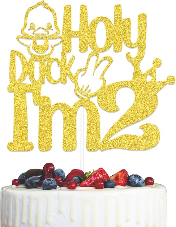 Holy Duck 2nd Birthday Decorations - Duck Themed 2 Cake Topper, Gold