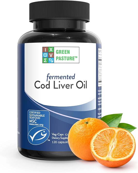 Green Pasture Fermented Cod Liver Oil - Orange Flavor, Wild Alaska Cod, Vitamins A & D, Omega-3-6-9, MSC Certified, 120 Capsules