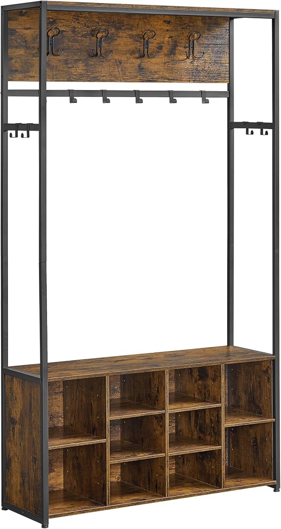 VASAGLE Hall Tree with Bench and Shoe Storage, Coat Rack with Shoe Bench, Hallway Furniture, Open Compartments, Industrial Style, Space Saving, Rustic Brown and Ink Black HSR432K01