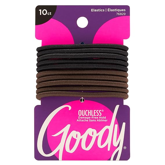 Goody Ouchless Hair Elastics No Pull, No Breakage, Tangle-Free Hold for Thick, Curly, Coily & Textured Hair 10 Count, Black & Brown, Long-Lasting Ponytail Holders for Women & Men