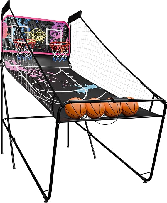 Foldable Indoor Basketball Arcade Game Set Double Shot 2 Player Basketball Hoop Machine w/ 4 Balls Electronic LED Scoreboard Inflation Pump (Purple)