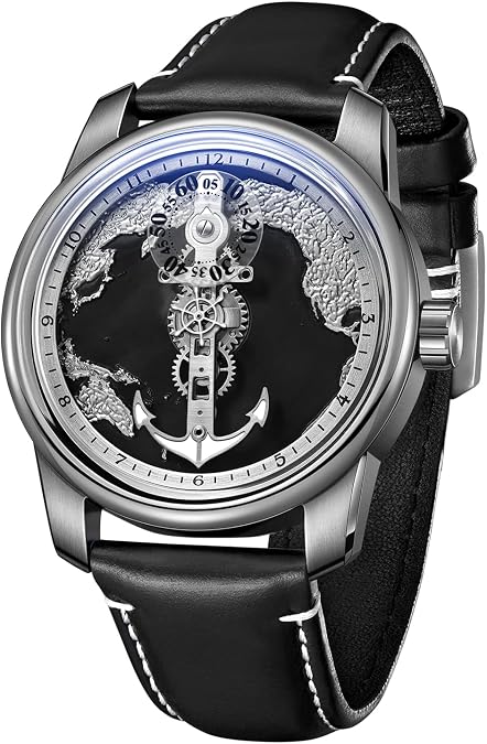 OBLVLO Luxury Anchor Dial Maritime Navigation Automatic Watch, Rose Gold Case, Navy Blue Leather Strap