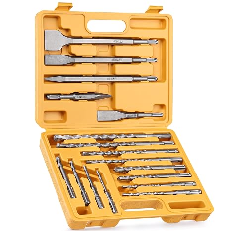 TGFTGF 17-Piece SDS Plus Rotary Hammer Drill Bits and Chisel Set, YG8C Carbide Tips, SDS Plus Bits, Masonry Drill Bit Set for Concrete, Brick and Stone, with Storage Case, Ideal Tool for DIY, Home