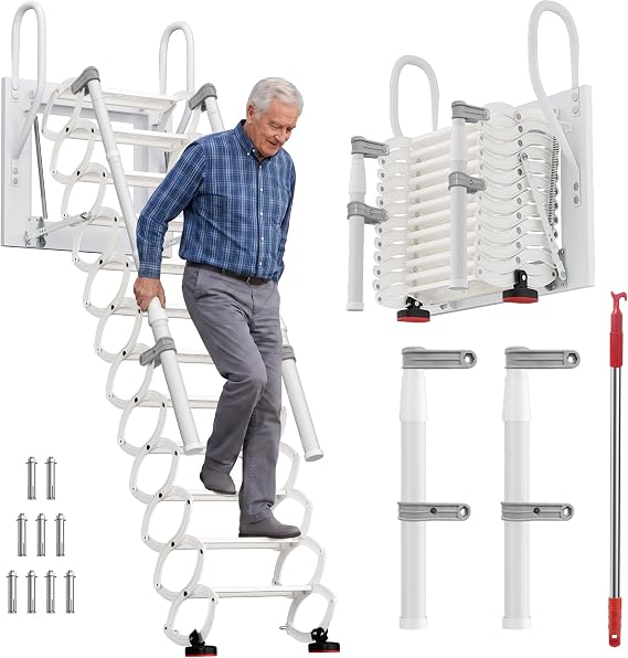 Wall Mounted Attic Ladder, 12 Step Folding Attic Stairs with Armrests
